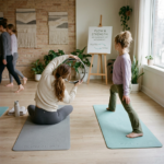 People practicing Pilates and yoga in a bright studio